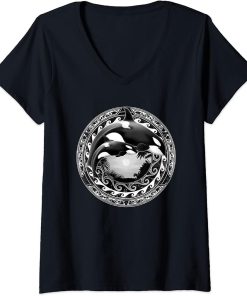 Womens Orca Whales Polynesian Hawaiian Cute Orca V-Neck T-Shirt