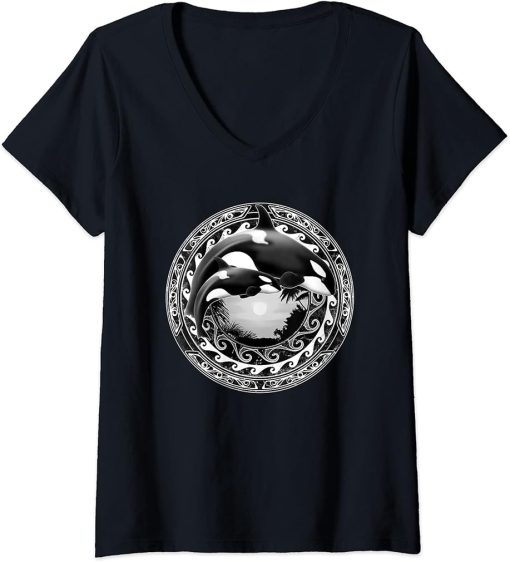 Womens Orca Whales Polynesian Hawaiian Cute Orca V-Neck T-Shirt