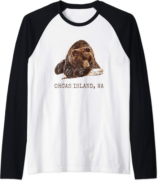 Orcas Island Brown Grizzly Bear In Snow Washington Pacific Raglan Baseball Tee